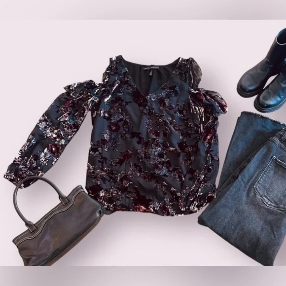 White House Black Market Black cold shoulder Ruffled Blouse Size 8/Whimsigoth - Picture 1 of 11